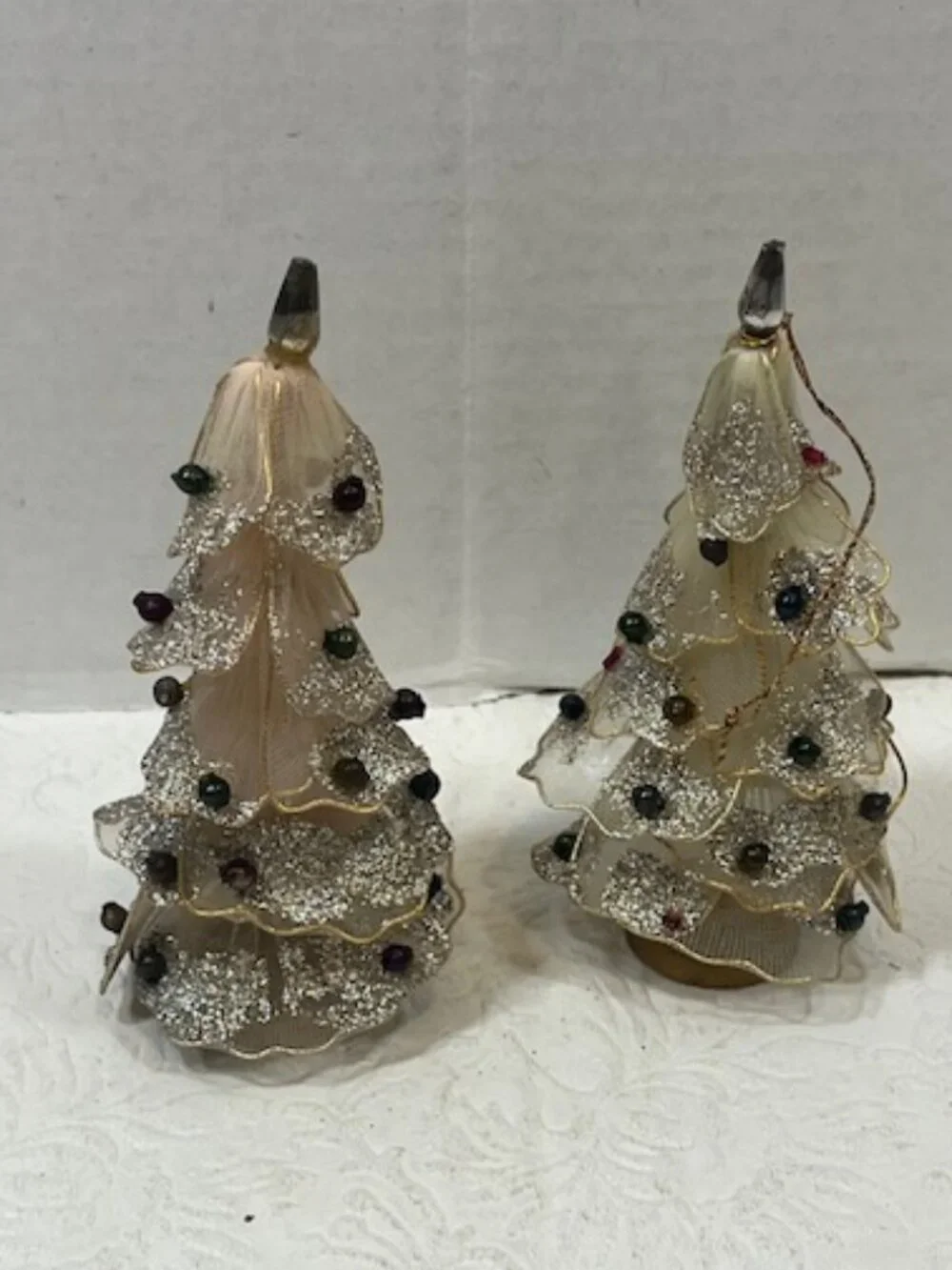 Two Antique Pink & White Tulle Mesh Christmas Tree Tabletop Decor GlassBalls  5